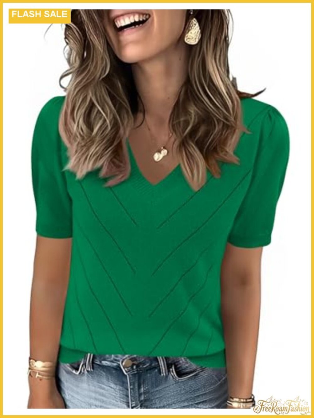 Womens Lightweight Knit V Neck Puff Short Sleeve Pullover Sweater